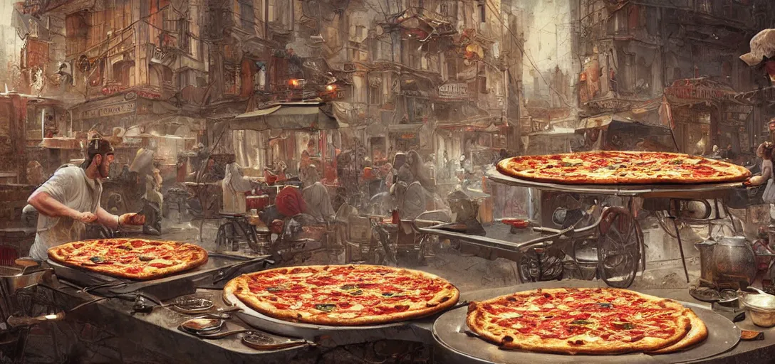 Prompt: an old fashioned pizza rig, intricate, hyper detailed, 8k, james gurney, greg rutkowski, john howe, artstation