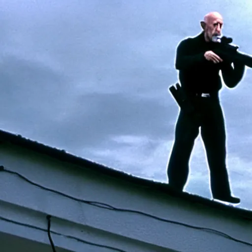 Image similar to film still of mike ehrmantraut aiming with a sniper rifle on a rooftop, 4 k, highly detailed