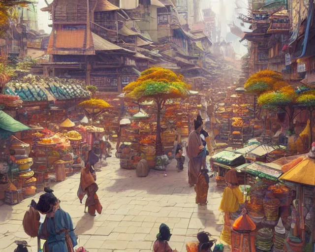 Prompt: street-level view of a bustling marketplace in a great, colorful kitsune city, bamboo, flowers, anime, fox people, a fantasy digital painting by Greg Rutkowski and James Gurney, trending on Artstation, highly detailed