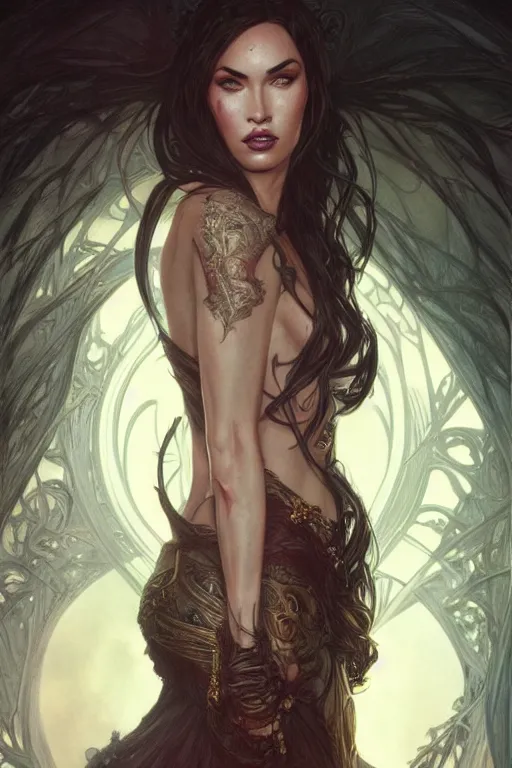 Image similar to portrait of a megan fox as a vampire queen, upper body, fantasy, intricate, elegant, highly detailed, digital painting, artstation, concept art, matte, sharp focus, illustration, art by Artgerm and Greg Rutkowski and Alphonse Mucha