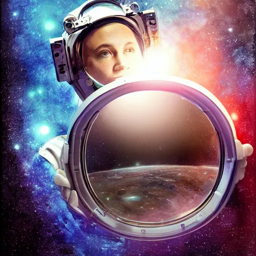 Image similar to portrait an astronaut looking into a mirror made of the Cosmos , subject in the center of the frame, wide angle shot, diffuse lighting, fantasy, intricate, elegant, highly detailed, lifelike, photorealistic, digital painting, illustration, concept art, smooth, sharp focus