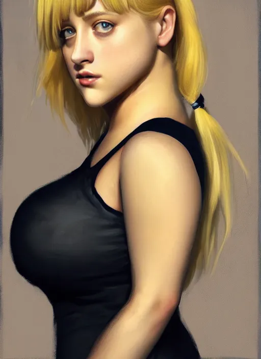 Image similar to full body portrait, teenage lili reinhart, blonde hair, obese, bangs, ponytail, sultry, realistic, sultry smirk, fluffy bangs, curly bangs, fat, belly, intricate, elegant, highly detailed, digital painting, artstation, concept art, smooth, sharp focus, illustration, art by wlop, mars ravelo and greg rutkowski