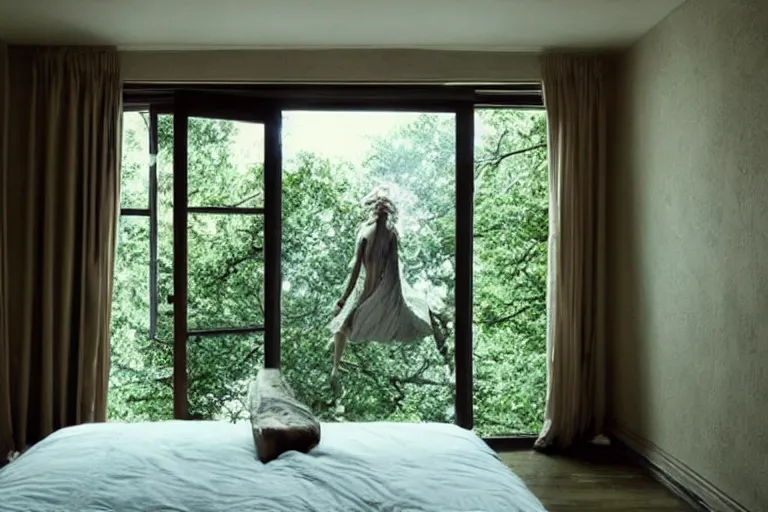 Prompt: vfx movie scene sleep paralysis night, a monster outside the extravagant bedroom window, natural lighting by emmanuel lubezki