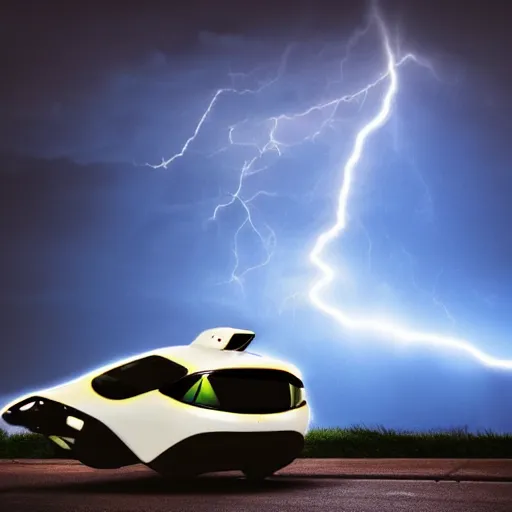 Prompt: futuristic flying car inside a circle made of lightning in the sky, thunderstorm at night, 28mm dramatic photo