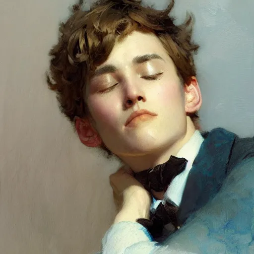 Prompt: a high fashion studio detailed portrait of am charming anime boy, eyes closed, brightly lit, painting by gaston bussiere, craig mullins, j. c. leyendecker