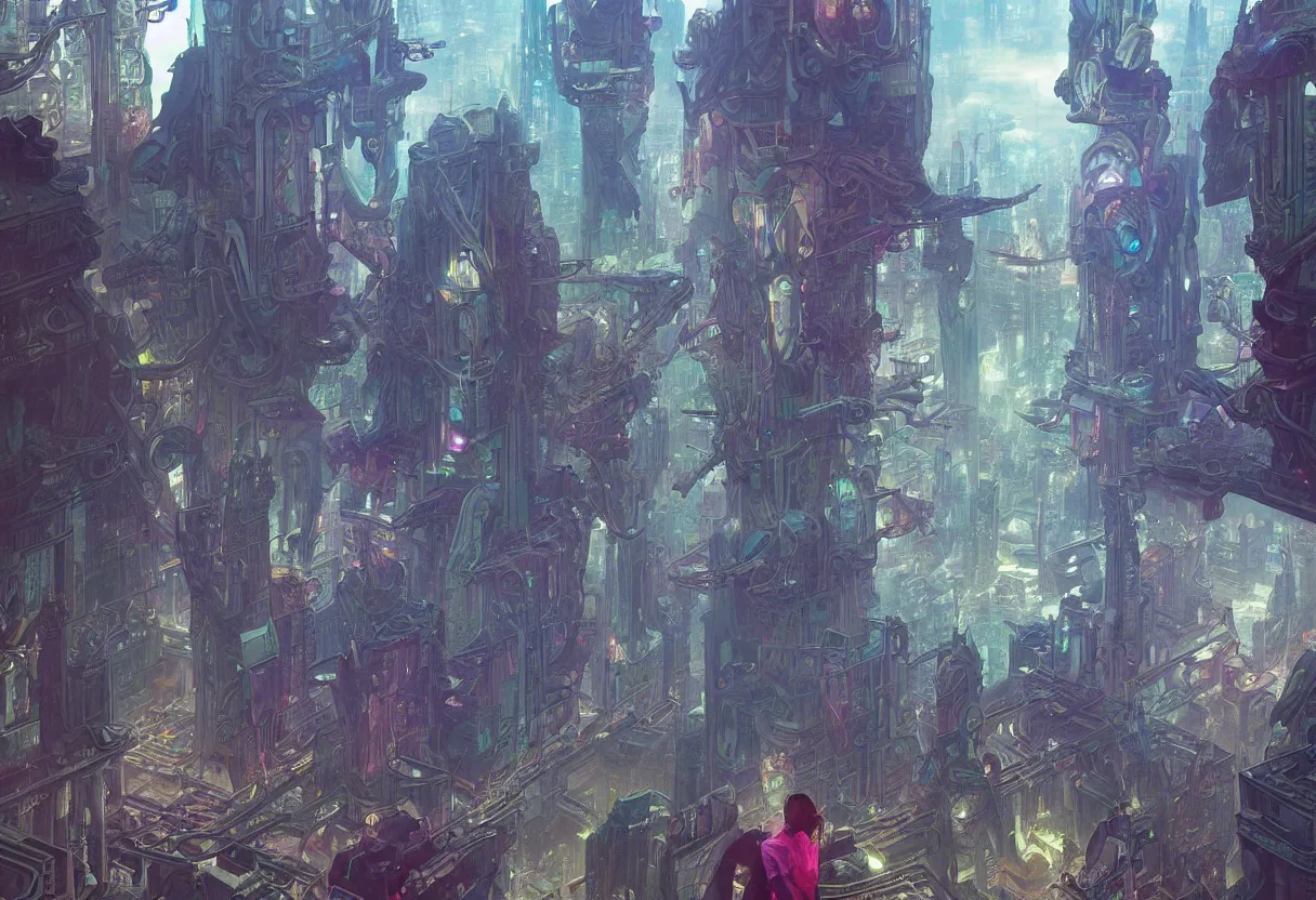 Prompt: augmented hyperreality in a futuristic city filled with vibrant colorful holograms - by greg rutkowski and raymond swanland hr giger and zdzislaw beksinski and alphonse mucha and moebius, matte painting, hyperdetailed, symmetry, art nouveau, beautiful render, concept art