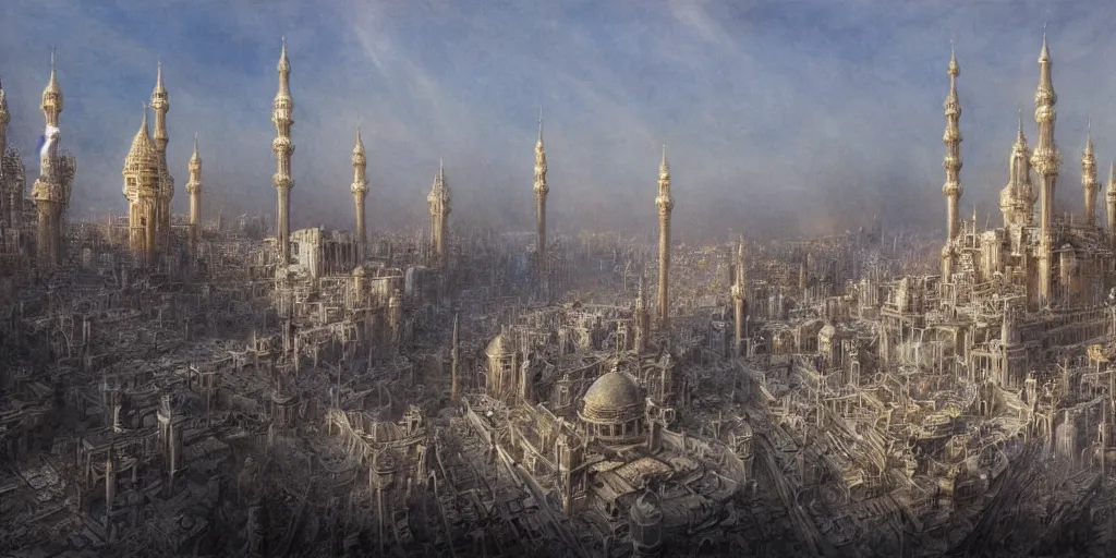 Image similar to a beautiful painting of epic fantasy islamic city by alan lee, trending on artstation