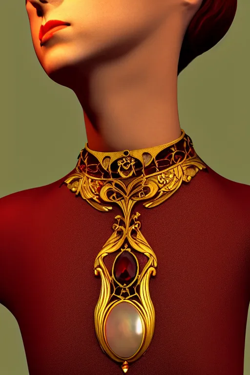 Image similar to historical, art nouveau, deep red gemstone neck choker, glowing inside, octane render, realistic, dramatic light, 3 d, photograph 4 k,