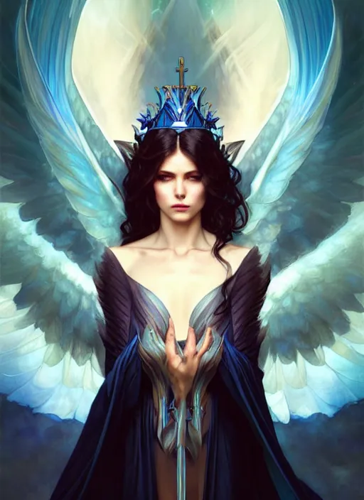 Image similar to a beautiful cinematic female archangel queen, fantasy sea landscape, fantasy magic, short aqua blue black fade hair, dark light night, intricate, elegant, sharp focus, illustration, highly detailed, digital painting, concept art, matte, art by WLOP and Artgerm and Greg Rutkowski and Alphonse Mucha, masterpiece