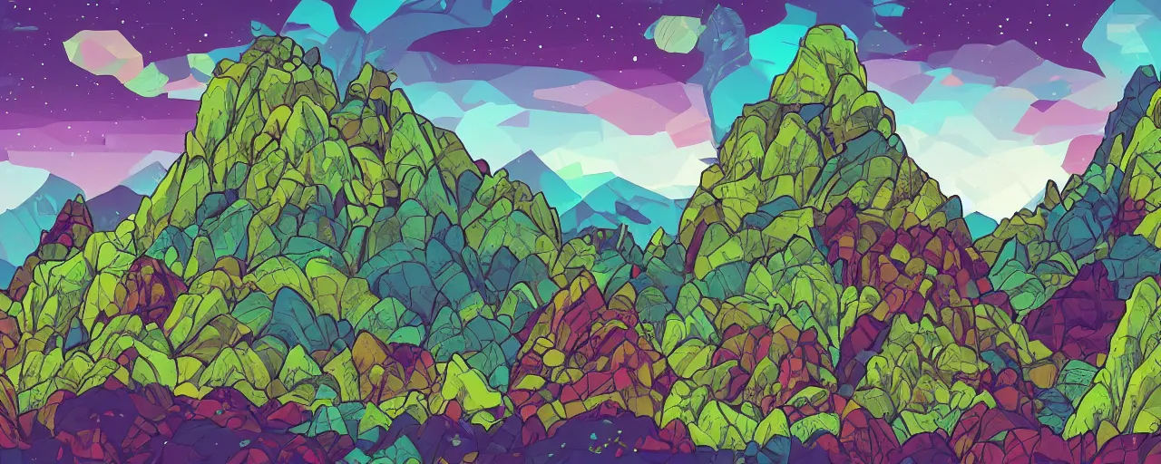 Prompt: An alien landscape with mountains made of gems, and strangely shaped trees and plants, bold complementary colours, 2D matte, graphic novel, graphic novel,