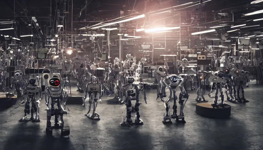 Image similar to award winning photo of robots in an art factory, dramatic lighting, 4 k