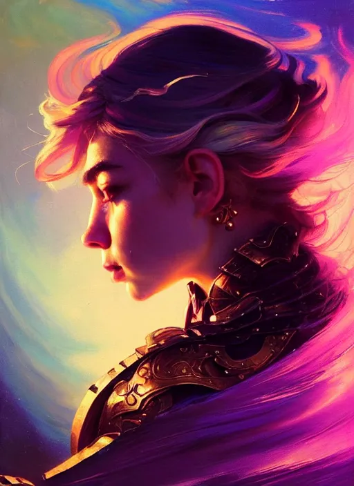 Image similar to side portrait, imogen poots, paladin, fantasy armor, gloomhaven, soft, smooth, luminescent, colorful swirly ripples, gaudy colors, by greg manchess, huang guangjian, gil elvgren, sachin teng, greg rutkowski, jesper ejsing, rhads, ilya kuvshinov, cushart krenz