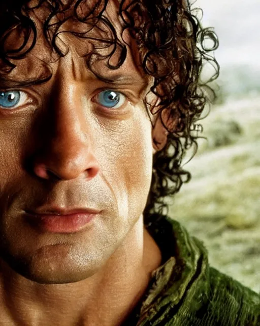 Image similar to film still close up shot of dwayne johnson as frodo baggins in the movie the lord of the rings. photographic, photography