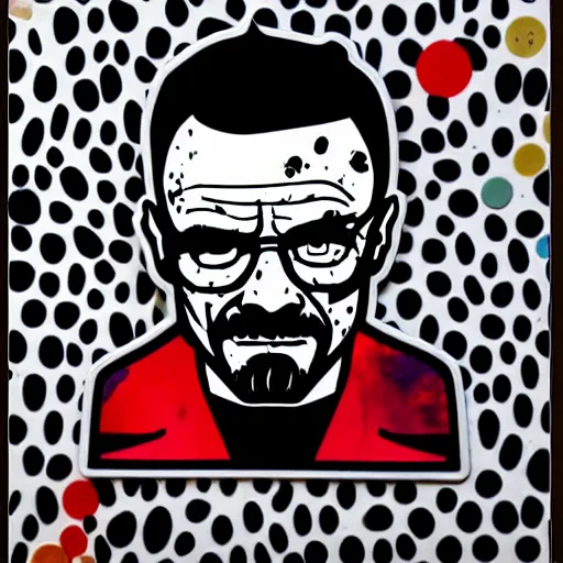 Prompt: die cut sticker, walter white wearing the joker outfit, splatter paint