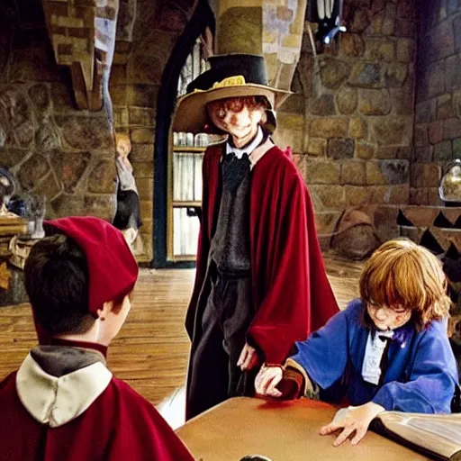 Prompt: Rincewind is teaching a class of kids in Hogwarts, on how to run away, a scene from Harry Potter and the Chamber of Secrets