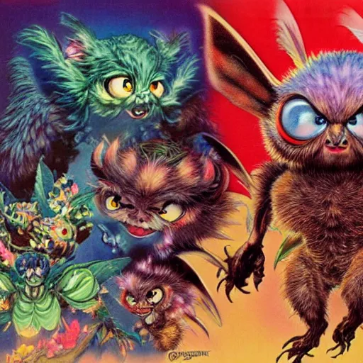 Image similar to gremlins vs mothra art by Noriyoshi Ohrai and Lisa Frank