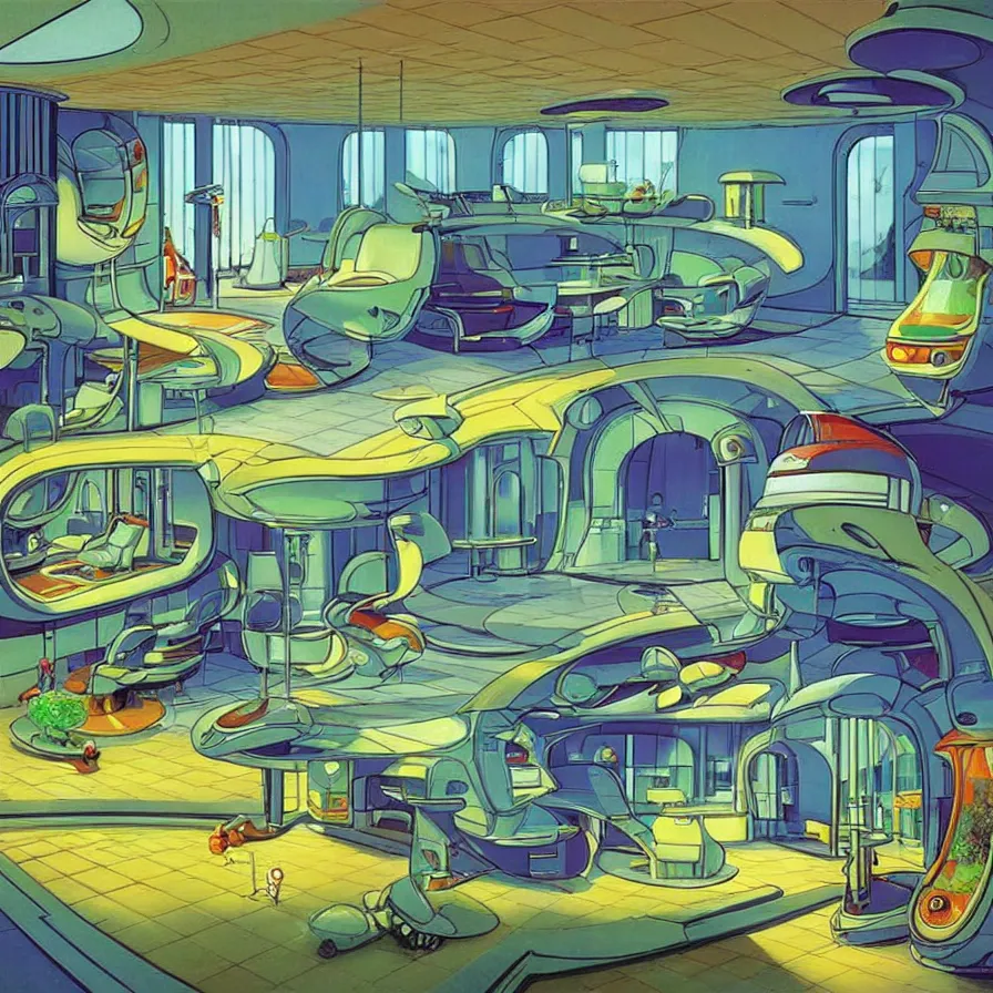 Prompt: concept art of jetsons cartoon indoor scenario of a futuristic house, painted by tim white