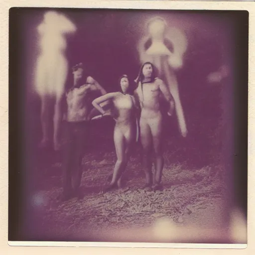 Image similar to expired polaroid of a surreal artsy dream scene, weird costumes
