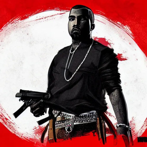 Image similar to kanye west in stephen bliss illustration red dead redemption 2 artwork of kanye west, in the style of red dead redemption 2 loading screen, by stephen bliss