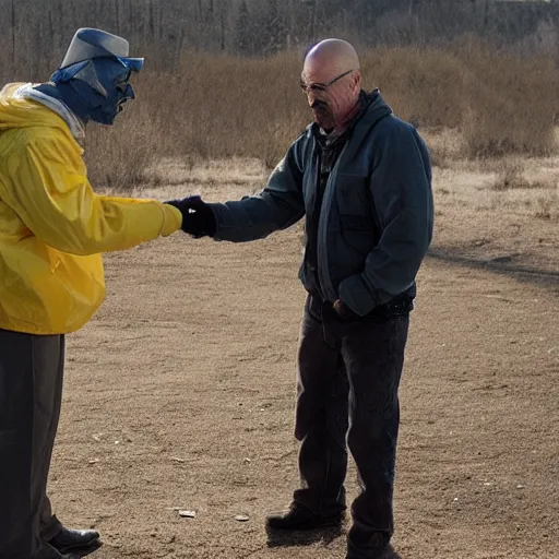 Prompt: walter white shaking hands with a bird
