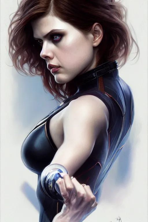 Image similar to alexandra daddario as black widow, realistic portrait, symmetrical, highly detailed, digital painting, artstation, concept art, smooth, sharp focus, illustration, cinematic lighting, art by artgerm and greg rutkowski and alphonse mucha