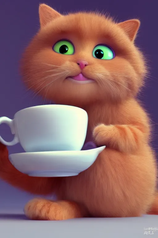 Prompt: fluffly cat holding white teacup with wool ball on the ground, full body. pixar disney 4 k 3 d render funny animation movie oscar winning trending on artstation and behance, ratatouille style