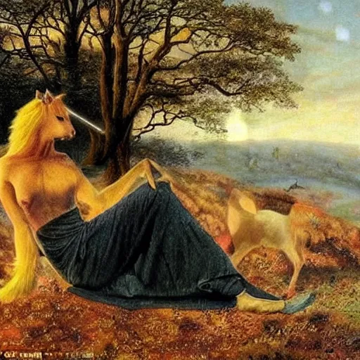 Image similar to dream : a fabulous landscape, a magical unicorn. a boy is sitting astride him. a cat is lying