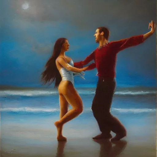 Prompt: A brunette Colombian woman and a Caucasian man dance on a misty pier at midnight, sensual, romantic, oil painting