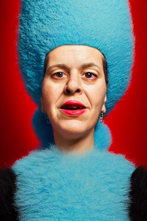 Prompt: studio portrait of woman that looks excactly like marge simpson, lookalike, as if marge simpson came to life, soft light, black background, fine details, close - up, award winning photo by martin schoeller