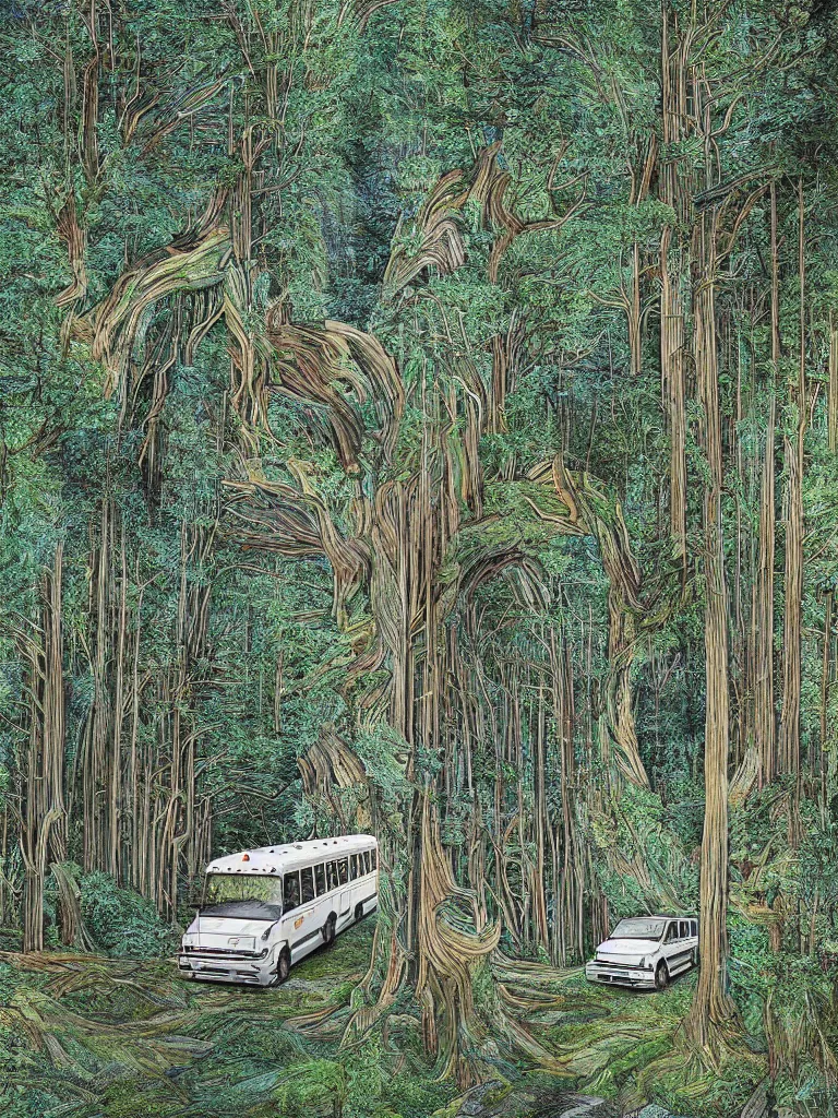 Image similar to a white school bus in the forest driving through a portal, hyper-detailed, digital art, artist Bev Dolittle