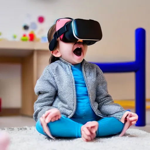 Image similar to A toddler wearing a straight jacket and a vr headset while sitting in a daycare setting, photography