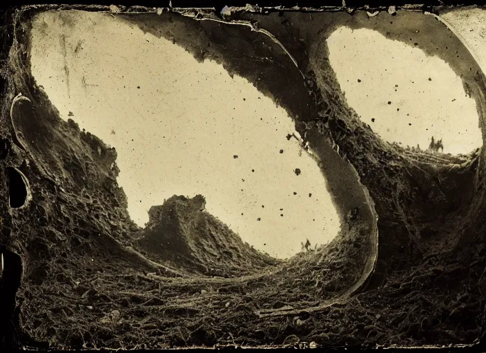 Prompt: old wetplate daguerreotype landscape with huge black sinkholes, dubbel negative exposure, explosion of data fragments, fractal, intricate, elegant, highly detailed, parallax, leica, medium format, subsurface scattering, by jheronimus bosch and greg rutkowski and louis jacques mande daguerre