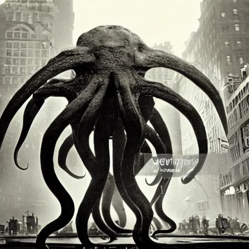 Prompt: old black and white photo, 1 9 1 3, depicting a giant alien dieselpunk octopus rampaging through the bustling streets of new york city, historical record, volumetric lights