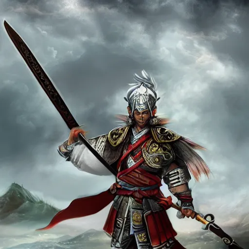 Prompt: ancient ntricate line painting, game character ] design of a chinese anicientwarrior in clothes with a broadsword, down hard, dark cloud and lightning on the background, dramatic lighting, cg, extremely detailed, 8 k, sophisticated