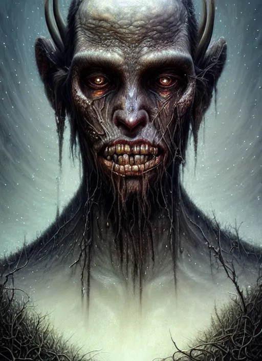 Image similar to closeup portrait shot of a wendigo in a scenic dystopian environment, intricate, elegant, highly detailed, centered, digital painting, artstation, concept art, smooth, sharp focus, illustration, artgerm, tomasz alen kopera, peter mohrbacher, donato giancola, joseph christian leyendecker, wlop, boris vallejo