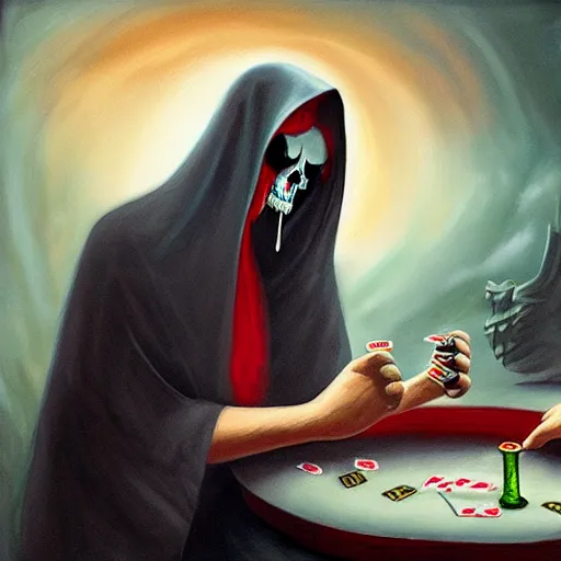 Prompt: mysteriues grimreaper, death, playing poker