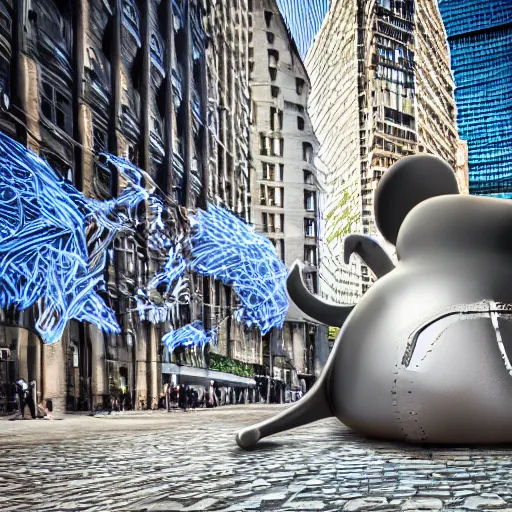 Image similar to giant mouse in the city, photorealistic, highly detailed, sharp focus, vivid, symmetrical, random, convoluted, mind - blowing, creative, fully functional, physics defying, amazing, cool, hdr