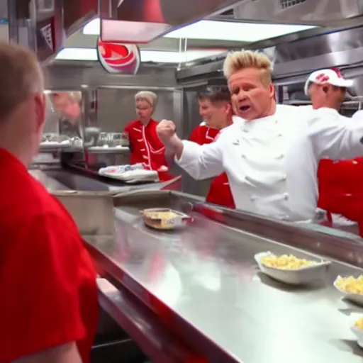 Image similar to gordon ramsay yelling at kfc employees in the kfc kitchen on kitchen nightmares. the employees are lined up and in their kfc uniforms. 4 k broadcast