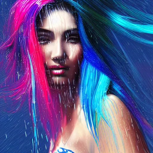 Prompt: a digital painting of a woman in the rain with blue hair, dynamic multicolored background, with cute - fine - face, pretty face, oil slick multicolored hair, perfect face, extremely fine details, realistic shaded lighting, by jinsung lim, cgsociety, synchromism, detailed painting, glowing neon, digital illustration