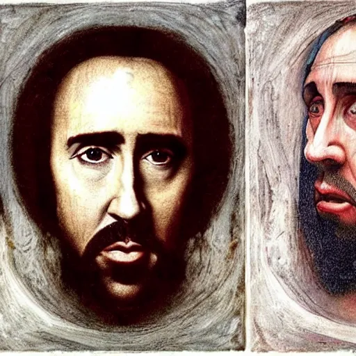 Image similar to nic cage in the last supper as painted by da vinci