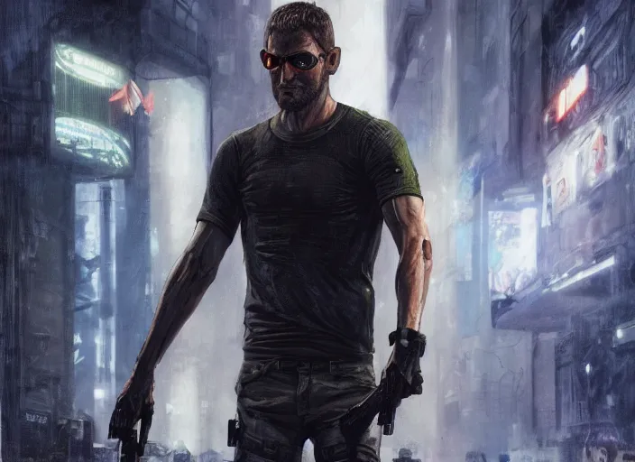 Image similar to sam fisher knocking out guard ( blade runner 2 0 4 9, dystopian, cyberpunk 2 0 7 7 character design ). portrait by james gurney and laurie greasley, oil on canvas. cinematic, hyper realism, realistic proportions, anatomy, dramatic lighting, high detail 4 k