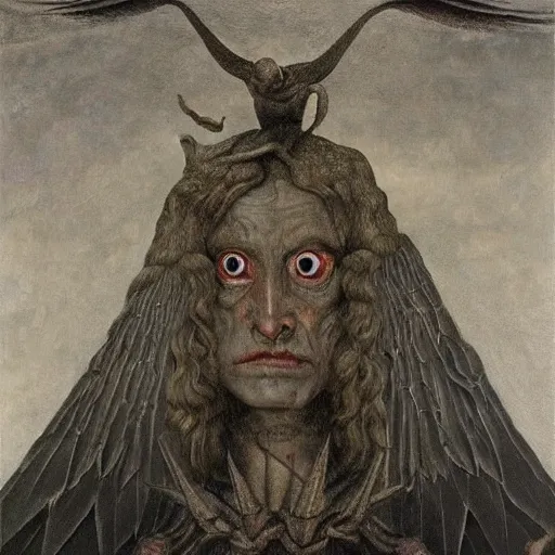 Image similar to a demonic eagle-eyed devil Jan Van eyck lucian freud odd nerdrum dragan bibin john steuart curry