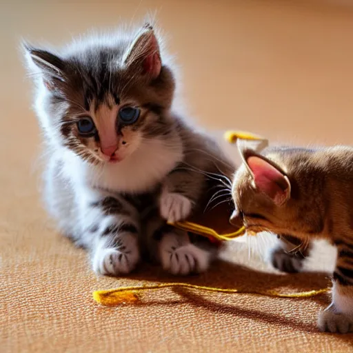Prompt: a picture of two kittens playing tug o war over a toy mouse. one kitten had blue eyes while the other had brown ones. their fur looked soft and fluffy.