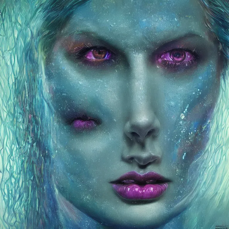 Prompt: Hyperrealistic intensely colored close up studio Photograph portrait of a deep sea bioluminescent Taylor Swift in Crystalline armor, symmetrical face realistic proportions eye contact, sitting in Her throne underwater, award-winning portrait oil painting by Norman Rockwell and Zdzisław Beksiński vivid colors high contrast hyperrealism 8k