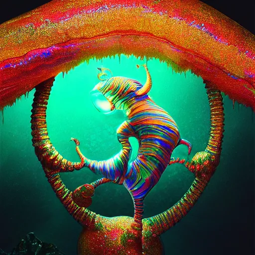 Image similar to macro lens, candy iridescent creature in candyland, water reflection, night, backlit, warm tones, bioluminescent : by michal karcz, daniel merriam, victo ngai and guillermo del toro : ornate, dynamic, particulate, intricate, elegant, highly detailed, centered, artstation, smooth, sharp focus, octane render