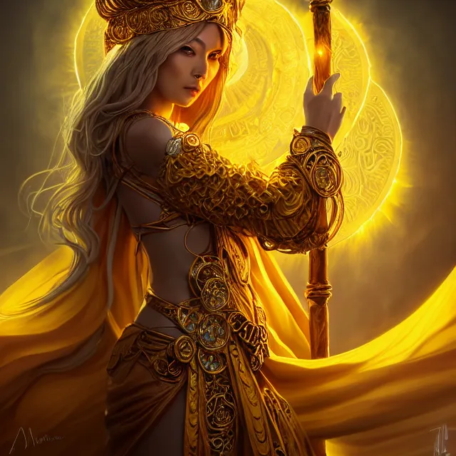 Prompt: beautiful elemental sun witch with ornate yellow robes and staff, highly detailed, 4 k, hdr, smooth, sharp focus, high resolution, award - winning photo, artgerm, photorealistic