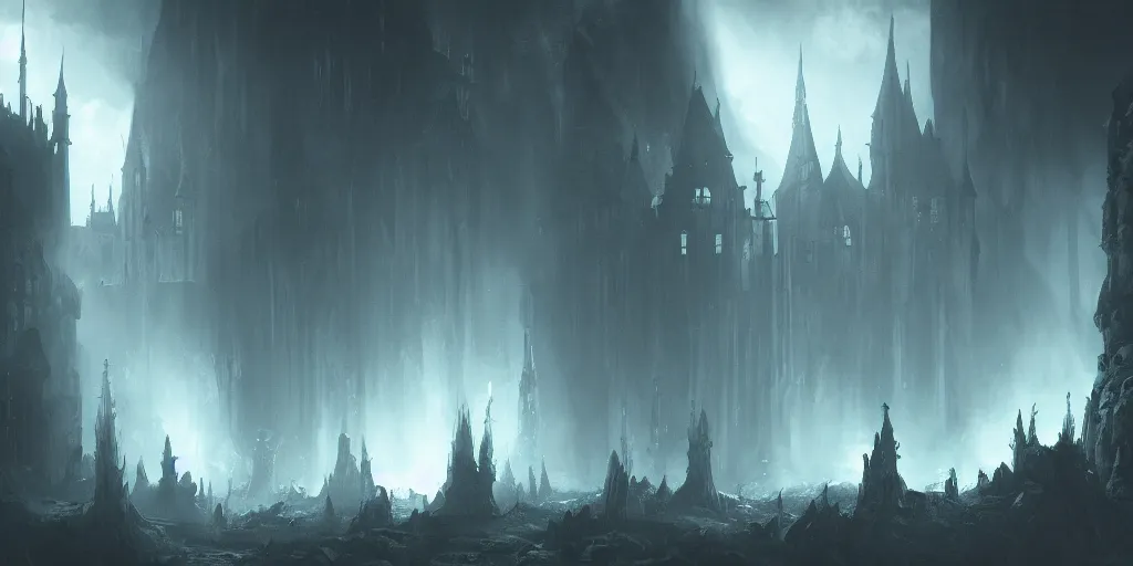Image similar to underworld, dark gothic fantasy demonic castle, saturated, atmospheric lighting, high quality, sharp focus, intricate, digital painting, artstation, 4k