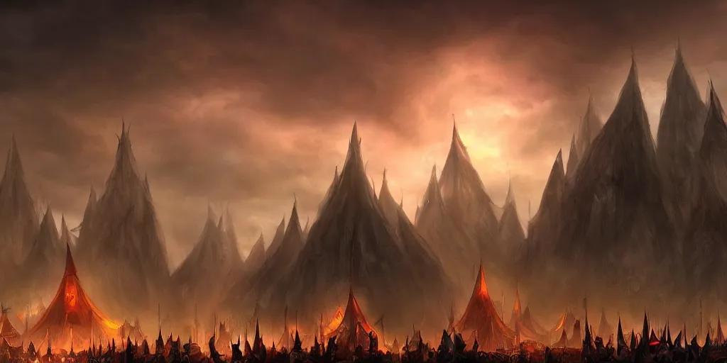 Image similar to a dark fantasy matte painting of dark evil circus tents silhouetted by an evil dramatic sky, tim burton, world of warcraft, league of legends