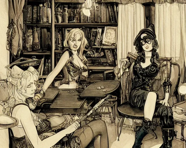 Image similar to women in the interior of a steampunk apartment, Milo Manara, night time, Margot Robbie, Scarlett Johanson, zoey Deschannel, smoking cigarettes, playing board games, highly detailed, Tarantino movie posters, melancholy, level design, concept art, artstation, cgsociety, zenith view H- 350