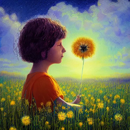 Image similar to girl with dandelion as a face, surreal photography, dream, standing in flower field, hills, big trees, sunrise dramatic light, impressionist painting, colorful clouds, digital painting, pointillism, artstation, simon stalenhag